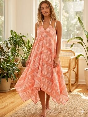 Striped Coral Asymmetrical Maxi Dress with Hanky Hem 100% Cotton.